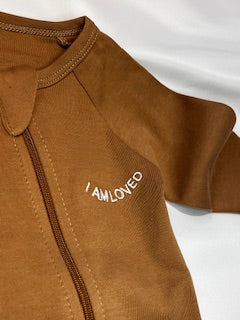 100% Organic Cotton Baby onesie with I AM LOVED Affirmation Embroidery