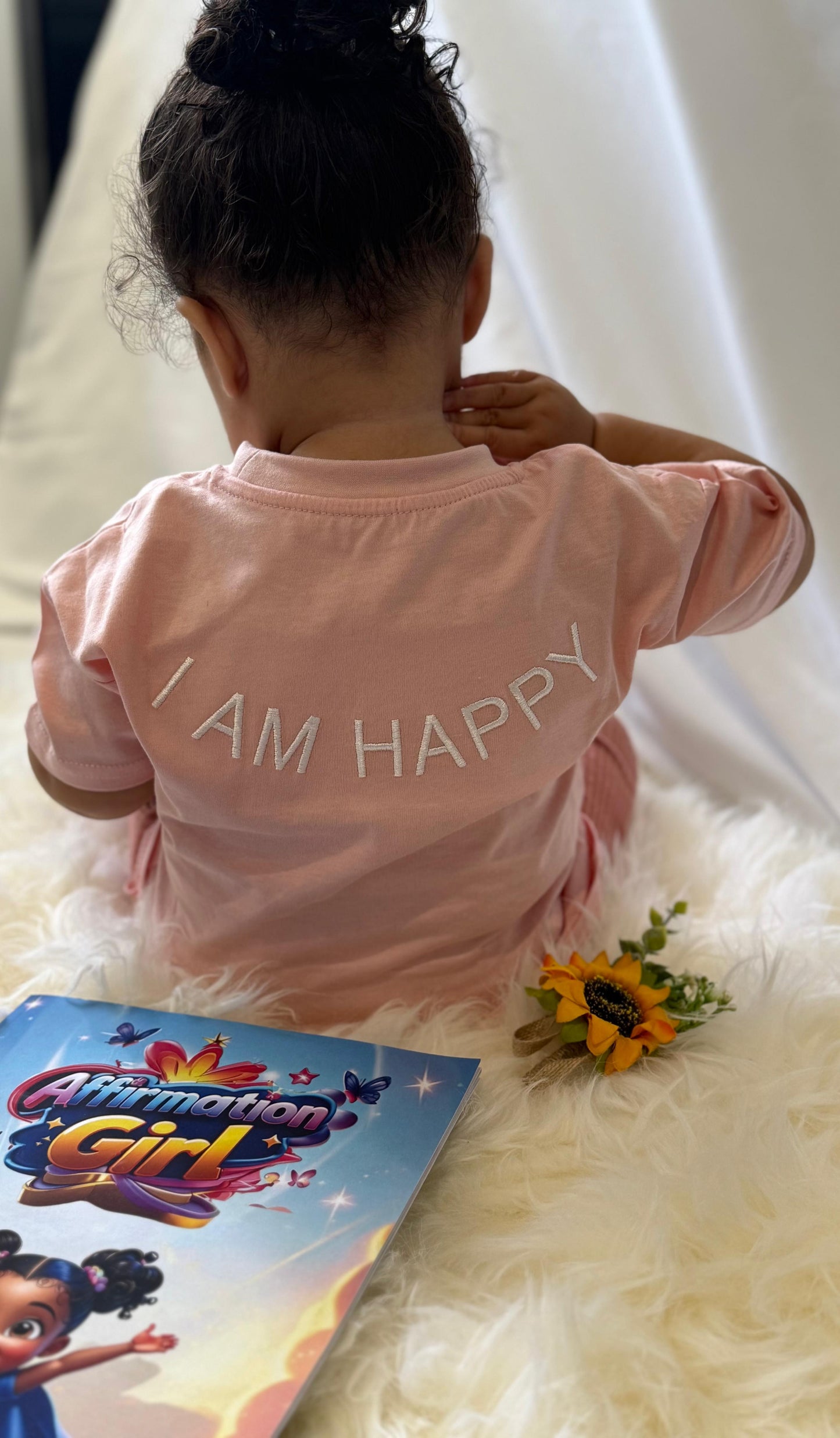 100% Organic Cotton Toddler T-Shirt with I AM HAPPY Affirmation Embroidery