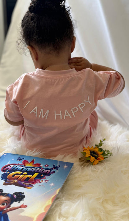 100% Organic Cotton Toddler T-Shirt with I AM HAPPY Affirmation Embroidery