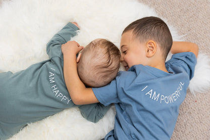 100% Organic Cotton Baby onesie with I AM HAPPY Affirmation Embroidery