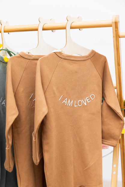 100% Organic Cotton Baby onesie with I AM LOVED Affirmation Embroidery