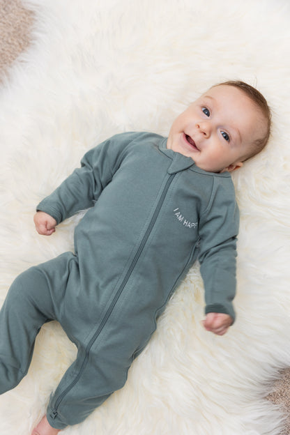 100% Organic Cotton Baby onesie with I AM HAPPY Affirmation Embroidery