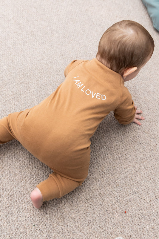 100% Organic Cotton Baby romper with I AM LOVED Affirmation Embroidery
