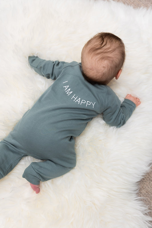 100% Organic Cotton Baby romper with I AM HAPPY Affirmation Emrbodiery