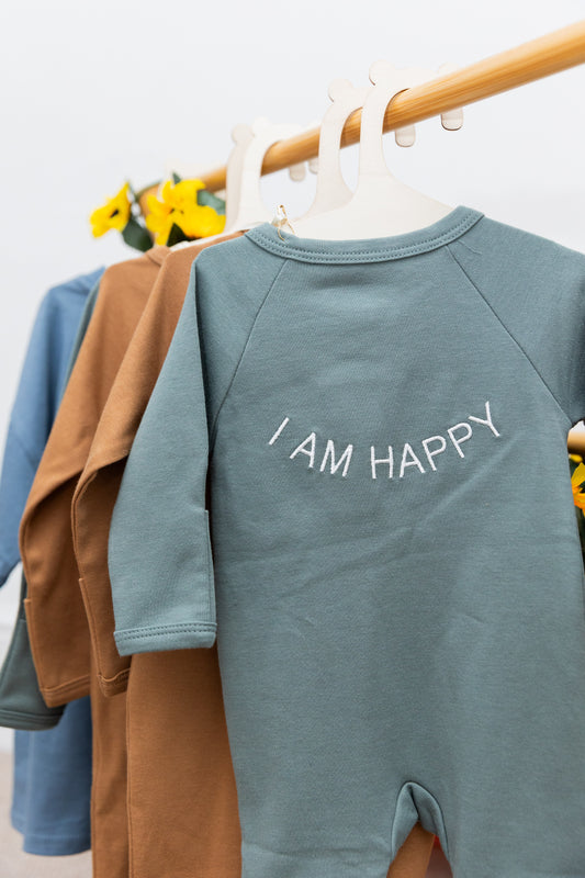 100% Organic Cotton Baby romper with I AM HAPPY Affirmation Emrbodiery