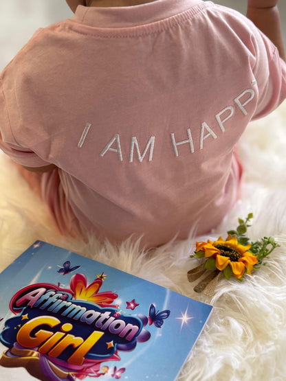 100% Organic Cotton Toddler T-Shirt with I AM HAPPY Affirmation Embroidery